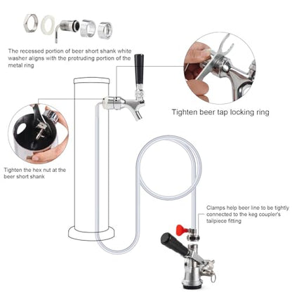Draft Beer Line Shank Faucet Kit, Beer Keg Tap Kegerator Tower Dispenser Replacement Set with Self-Closing Spring Spanner Wrench No Leak 5.5 Feet 3/16'' Brewing Tubing 1/4'' Keg Coupler Barb - size: Faucet (Stainless Core) +Tube Kit
