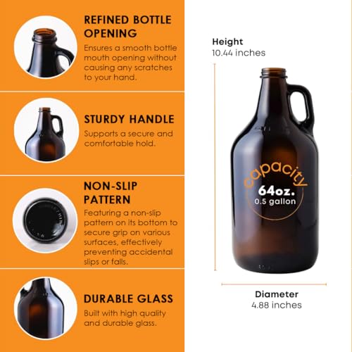 FastRack 64oz Amber Glass Growlers with Polyseal Caps (2 Pack) | Half Gallon (1/2 Gallon) Beer Growler Jugs for Home Brewing, Wine, Cider & Kombucha – Reusable Amber Glass Jugs for Beverage Storage - size: 2 Pack
