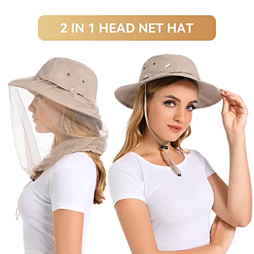 Mosquito Head Net Hat - Bug Cap UPF 50+ Sun Protection with Hidden Netting for Beekeeping Hiking Women - color: Khaki