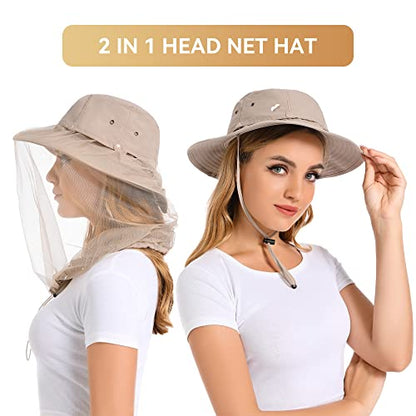 Mosquito Head Net Hat - Bug Cap UPF 50+ Sun Protection with Hidden Netting for Beekeeping Hiking Women - color: Khaki