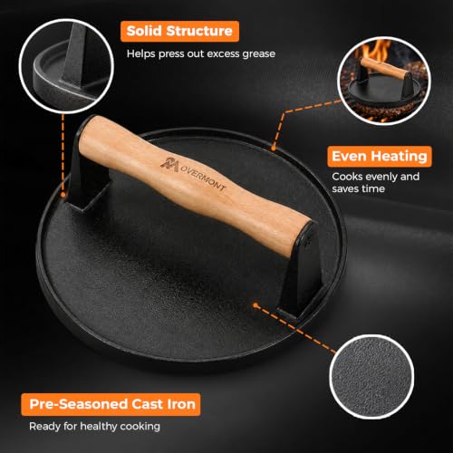 Overmont 7" Round Smash Burger Press - Cast Iron Smasher with Patty Paper | Heavy-Duty Hamburger Bacon Meat Press with Wood Handle Flat Bottom, Pre-Seasoned Heat Resistant for Griddle Grill Outdoor BBQ