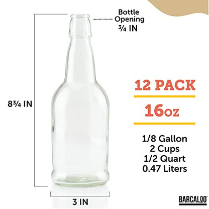 Barcaloo 16 Ounce Clear Glass Beer Bottles for Home Brewing - Beer, Kombucha, Soda, Juice, Fermentation, 12 Pack Glass Bottle with Flip Top Cap - color: Clear, size: 16oz.