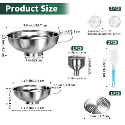 7-Piece Stainless Steel Canning Funnel Kit – Wide Mouth Mason Jar Funnels with 100/200 Mesh Strainers, Removable Filter Tip & Sponge Brushes