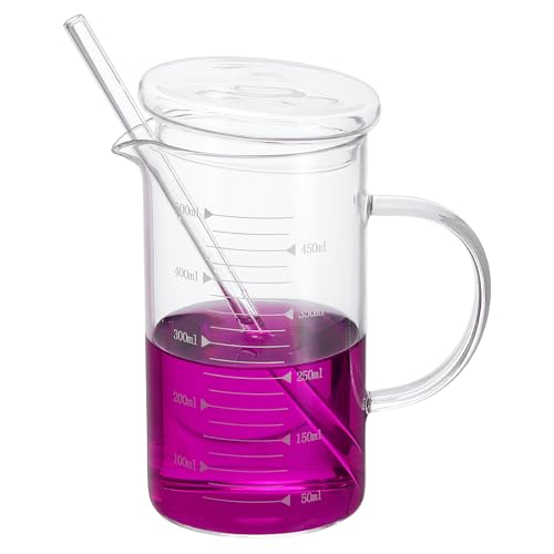 PATIKIL 500ml Glass Measuring Cup, Borosilicate Glass Beaker Graduated Liquid Measure Cups with Glass-Lid Straw V-Shaped Spout for Kitchen Drinking Restaurant, White Printed Scale - color: White Scale, size: 500ml