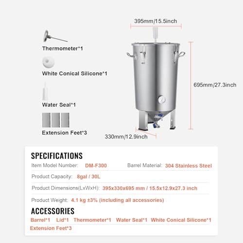 Happybuy 304 Stainless Steel Kettle, 8 Gallon Beer Brew Fermentor, Brew Bucket for Home Brewing Supplies, Includes Lid, Handle, Valve, Spigot, Thermometer, with Base