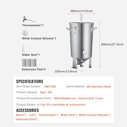 Happybuy 304 Stainless Steel Kettle, 8 Gallon Beer Brew Fermentor, Brew Bucket for Home Brewing Supplies, Includes Lid, Handle, Valve, Spigot, Thermometer, with Base