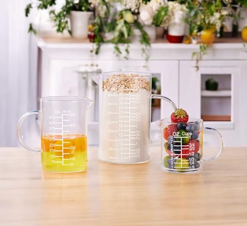 Ackers Etched Graduated Glass Measuring Cup - [Insulated Handle | V-Shaped Spout] - High Borosilicate Glass Measuring Cup for Kitchen or Dining, Easy to Read, 250ml (8oz, 1 Cup) - size: 250 ML (8 Oz, 1 Cup) - Etched Graduated