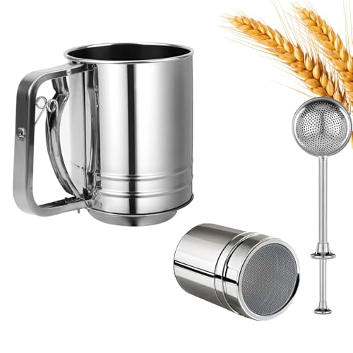Flour Sifter stainless Steel, 3 in 1 Stainless Steel Sifter for Baking, 3 Cup Double Layer Fine Mesh Sifter, Powdered Sugar Shaker Duster Set for Baking Cakes, Pastries, Pies, Cupcakes and Desserts