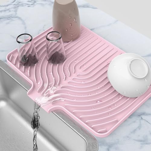 Dish Drying Mat for Kitchen Counter, 18"x12" Dish Drying Rack (pink) | Various Sizes & Colors,Steep-Slope Built in Drain,High-fin Ventilation,Food-grade Silicone,500F heat resistant,for Flat sinks - color: Pink, style: 18×12inch