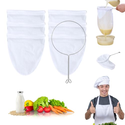 XEMBRALTI Nut Milk Bag with Handle, Fine Mesh Strainer Bag for Tea/Yogurt/Juice/Wine/Soup/Coffee & Cheese Making, Washable Reusable Almond Milk Strainer (Medium Strainer Bag*6 + Handle*1) - size: Medium Strainer Bag*6 + Handle*1