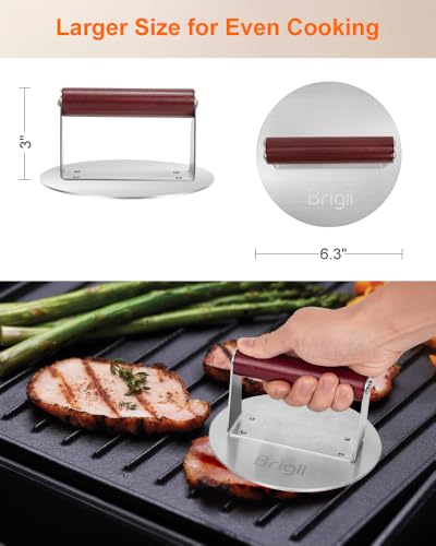 Brigii 6.3" Stainless Steel Smash Burger Press, Heavy Duty Burger Smasher for Crispy Smash Burgers, Round Grill Press for Griddle and Grill, Dishwasher Safe - size: 6.3"