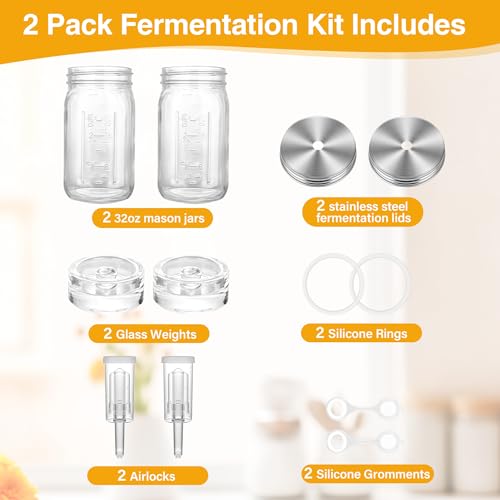 32 oz Mason Jar Fermentation Kit,Sauerkraut/Pickling Kit with 2 Pack Fermentation Jars, 2 Fermentation Lids, 2 Fermenting Weights and Airlocks(2 Jars Included) - color: Silver
