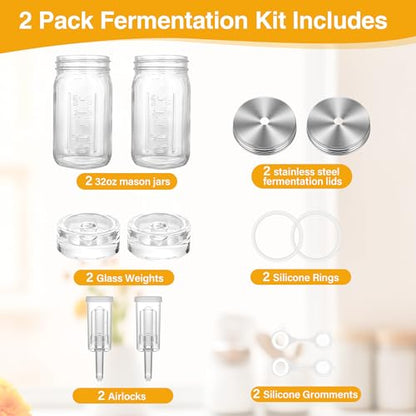 32 oz Mason Jar Fermentation Kit,Sauerkraut/Pickling Kit with 2 Pack Fermentation Jars, 2 Fermentation Lids, 2 Fermenting Weights and Airlocks(2 Jars Included) - color: Silver