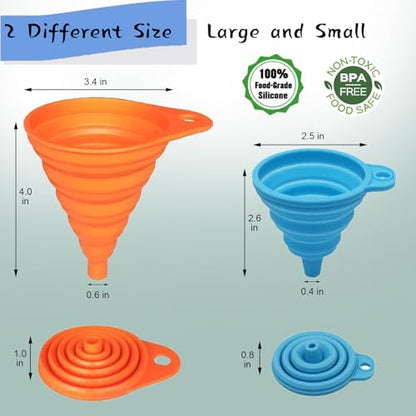 Kitchen Funnel Set 4 Pack, Food Grade Silicone Collapsible Funnels for Filling Water Bottle Liquid Transfer, Small and Large, Kitchen Gadgets Accessories