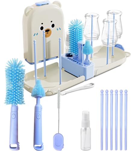 Blue Travel Bottle Cleaner Kit with Drying Rack – 6-in-1 Baby Bottle Washer & Silicone Brush Set for Pump Parts, Nipples & Straws – Portable Baby Travel Essential in Compact Case - color: Blue