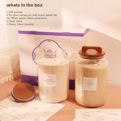 2 Pack Large Glass Flour and Sugar Containers with 132 Pantry Labels - 1 Gallon Glass Canisters with Bamboo Airtight Lids - Farmhouse Glass Cookie Jars for Rice, Pasta, Cereal, Bath Salt - size: 1 Gallon-2 Pack