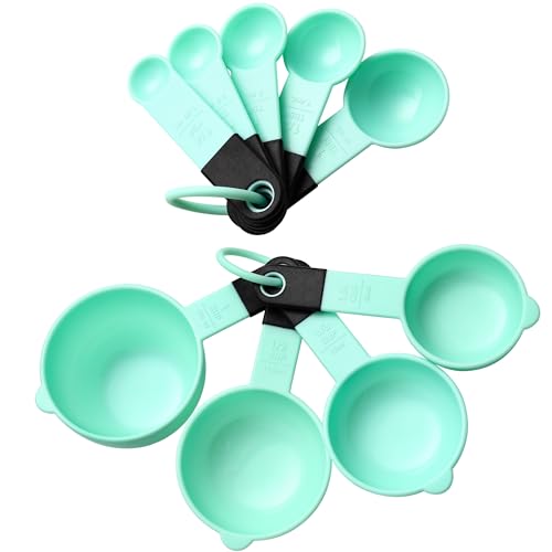 Spring Chef Mint Magnetic Measuring Cups and Spoons Set of 9, Stackable Plastic Kitchen Tool with Easy to Read Markings - Measure Dry or Liquid Ingredient for Baking & Cooking, BPA Free - color: Mint