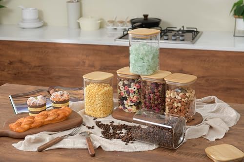 D2scrma 37oz Airtight Glass Square Storage Canisters with Bamboo Lid Set of 6 (1100ml) Stackable Containers, Kitchen Jars for Pantry Noodles, Flour and Coffee beans (‎with Black Lable) - size: 37oz*6