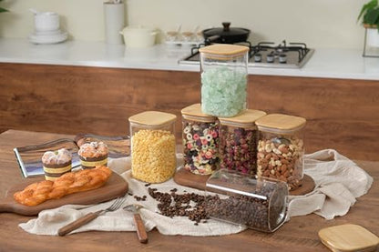 D2scrma 37oz Airtight Glass Square Storage Canisters with Bamboo Lid Set of 6 (1100ml) Stackable Containers, Kitchen Jars for Pantry Noodles, Flour and Coffee beans (‎with Black Lable) - size: 37oz*6