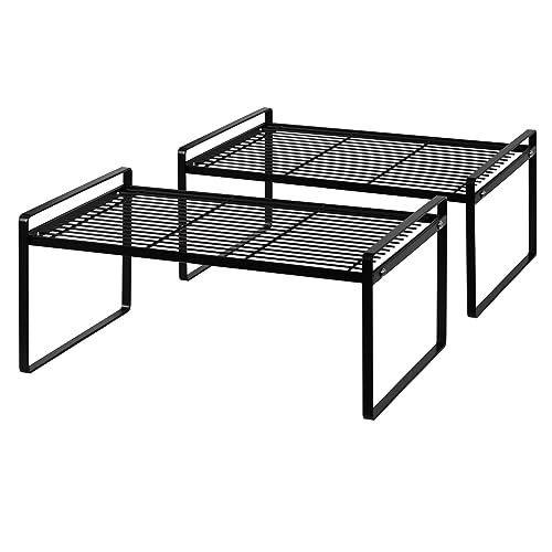Shantton 2Pack Kitchen Cabinet Shelf Counter Organizer Rack Pantry Storage Bathroom Bedroom Office Table Desk Space Saving Stackable Rust Resistant Non Slip Black Wide L16.1in W10.6in H7.3in - color: Black, size: L16.1'' W10.6'' H7.3''