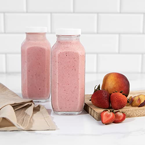 kitchentoolz 16oz Glass Milk Bottles with Lids – 16 oz Reusable Glass Bottles for Milk, Creamer, Juice, Smoothies, Kefir & Yogurt – Airtight Square Drinking Jars for Lunch Box & Fridge – 4 Pack - color: 16oz, style: 4 Pack