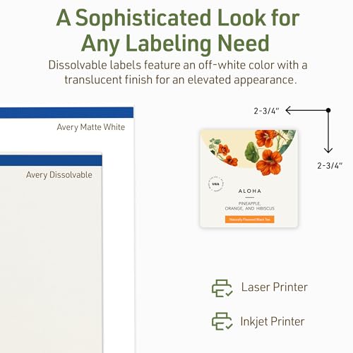 Avery Dissolvable Square Labels, Sure Feed Technology, 2.75" x 2.75", Matte White, Print-to-The-Edge, Laser/Inkjet Printable, 150 Labels Total - style: 150 labels