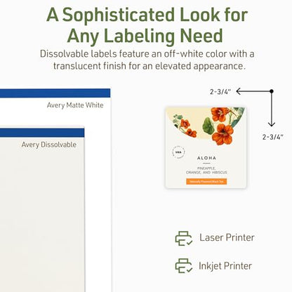 Avery Dissolvable Square Labels, Sure Feed Technology, 2.75" x 2.75", Matte White, Print-to-The-Edge, Laser/Inkjet Printable, 150 Labels Total - style: 150 labels