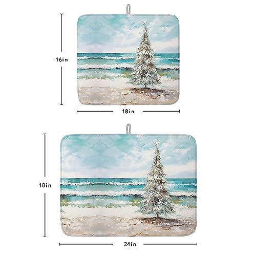 Coastal Christmas Tree Dish Drying Mat for Kitchen Counter, Microfiber Rack Pads, Modern Oil Painting Beach Xmas Tree Absorbent Dish Bottle Drying Mat, 18''x24'', 1 Pack - size: 1PCS-18x24in