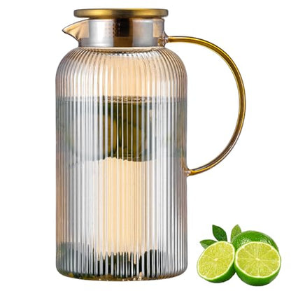 Buaic Glass Pitcher with Lid, 84oz/2.5 Liter Amber Classic Vertical Stripes Water Pitcher,Glass Water Carafe for Cold Brew, Coffee, Lemonade, Iced Sun Tea,Beverage, Milk, Heat Resistant - color: Amber, size: 84 Ounces