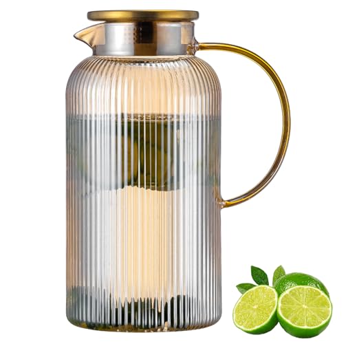 Buaic Glass Pitcher with Lid, 68 oz/ 2 Liter Amber Classic Vertical Stripes Water Pitcher,Glass Water Carafe for Cold Brew, Coffee, Lemonade, Iced Tea,Beverage, Heat Resistant Water Glass Jug - color: Amber, size: 68 Ounces