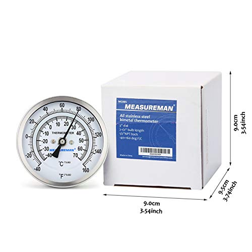 MEASUREMAN Fully Stainless Steel Pot, Kettle, Brewing Bimetal Dial Thermometer, 3" Dial, 2-1/2" Stem, -40-160 deg F/-40-70 deg C, -1% Accuracy, Adjustable, 1/2" NPT Back Mount - size: -40-160 deg F/-40-70 deg C, style: 2-1/2" Stem
