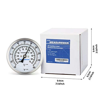 MEASUREMAN Fully Stainless Steel Pot, Kettle, Brewing Bimetal Dial Thermometer, 3" Dial, 2-1/2" Stem, -40-160 deg F/-40-70 deg C, -1% Accuracy, Adjustable, 1/2" NPT Back Mount - size: -40-160 deg F/-40-70 deg C, style: 2-1/2" Stem