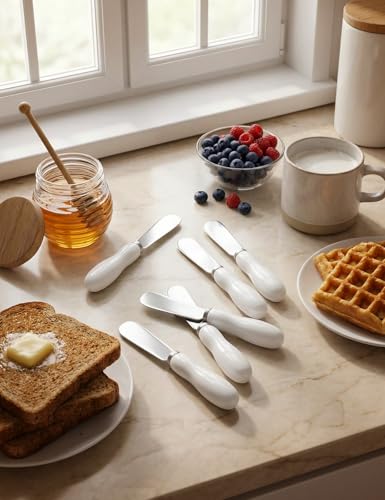 Stainless Steel Butter Knife Spreader with Handle for Kitchen,6 Pack,White | Cheese Knives Set with Porcelain Handle,Dishwasher Safe, for Soft & Hard Cheese, Jam, Cold Butter - style: 6Pack