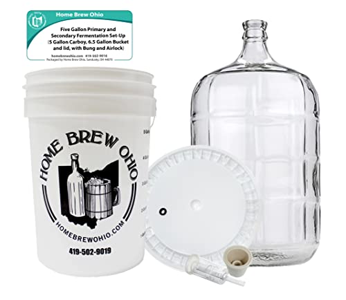 Home Brew Ohio Five Gallon Primary and Secondary Fermentation Set-Up (5 Gallon Carboy, 6.5 Gallon Bucket and lid, with Bung and Airlock)