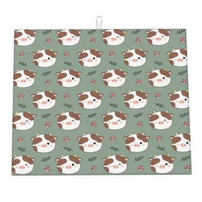 Cute Cow Mushrooms Green Leaf Dish Drying Mats for Kitchen Counter, Super Absorbent Microfiber Drainer Pad, Washable Reversible Appliance Protector, Everyday Kitchen Must-Have, 16x18 Inch - color: Cute Cow Mushrooms Green Leaf