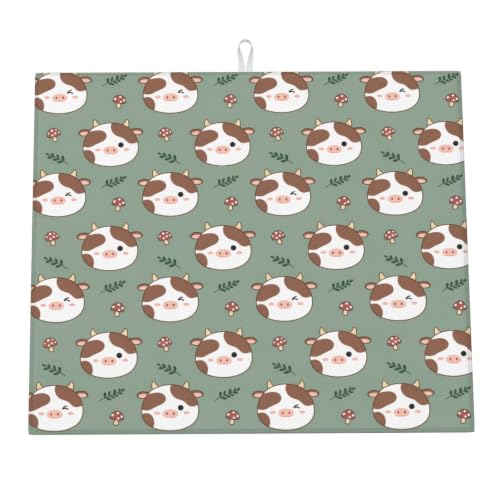 Cute Cow Mushrooms Green Leaf Dish Drying Mats for Kitchen Counter, Super Absorbent Microfiber Drainer Pad, Washable Reversible Appliance Protector, Everyday Kitchen Must-Have, 16x18 Inch - color: Cute Cow Mushrooms Green Leaf