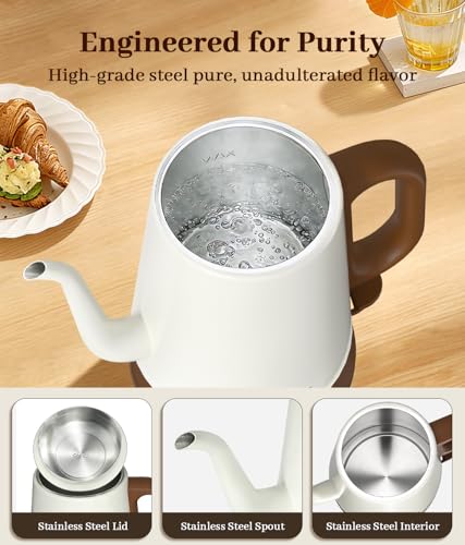 Gooseneck Electric Kettle 1L, 1000W Fast Boiling for Pour-Over Coffee & Tea, 304 Stainless Steel BPA-Free, Precise Flow Spout, Auto Shut-Off & Boil-Dry Protection, Retro Style (White) - color: White