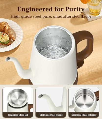 Gooseneck Electric Kettle 1L, 1000W Fast Boiling for Pour-Over Coffee & Tea, 304 Stainless Steel BPA-Free, Precise Flow Spout, Auto Shut-Off & Boil-Dry Protection, Retro Style (White) - color: White