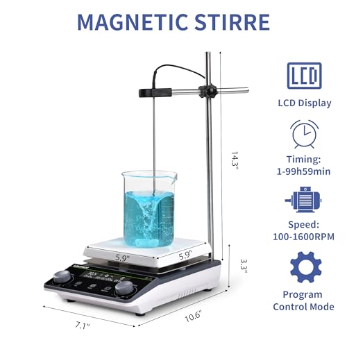 Magnetic Stirrer 5.9 inch Digital Hot Plate Magnetic Stir Plate LCD Max 5L Max Temp.300℃ 100-1600RPM Ceramic Coated Magnetic Mixer with Stir Bar&Temp Probe Sensor,Support Stand Included - size: 5L-2