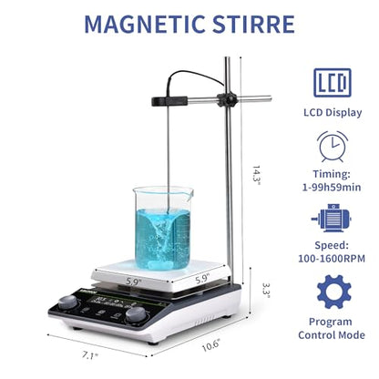 Magnetic Stirrer 5.9 inch Digital Hot Plate Magnetic Stir Plate LCD Max 5L Max Temp.300℃ 100-1600RPM Ceramic Coated Magnetic Mixer with Stir Bar&Temp Probe Sensor,Support Stand Included - size: 5L-2