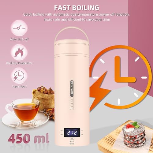 Travel Electric Kettle Portable Small Mini Tea Coffee Kettle Water Boiler, Water Heater with 4 Temperature Control,304 Stainless Steel with Auto Shut-Off & Boil Dry Protection, BPA-Free (Pink) - color: Pink