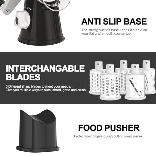 Cambom Rotary Cheese Grater Hand Crank Cheese Shredder for Fresh Cheese, Vegetable, Nuts,Non-slip Suction Base, Five Blades, Black - color: Black, size: 5 BLADES
