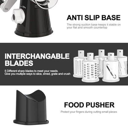 Cambom Rotary Cheese Grater Hand Crank Cheese Shredder for Fresh Cheese, Vegetable, Nuts,Non-slip Suction Base, Five Blades, Black - color: Black, size: 5 BLADES