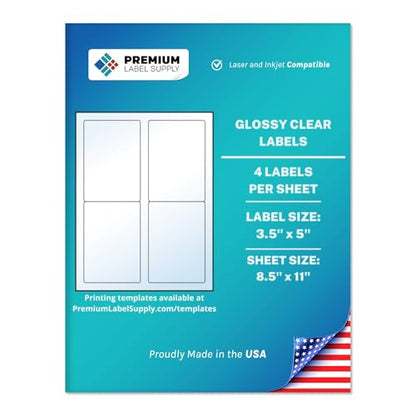 Premium Label Supply Glossy Clear Labels – 3.5" x 5" – Laser/Inkjet Compatible – (4 per Sheet), 25 Sheets – 100 Total Adhesive Labels - size: 100 Labels