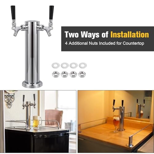 Dual Beer Tower Dispenser - Double Tap Kegerator Tower Draft Beer Tower Dispenser Pre-installed 5ft Beer Line Stainless Steel Core Faucet Double Keg Tap Beer Tower for 3" Kegerator Tower - size: Dual Tap Beer Tower