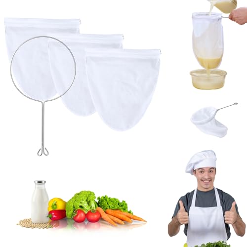 XEMBRALTI Nut Milk Bag with Handle, Fine Mesh Strainer Bag for Tea/Yogurt/Juice/Wine/Soup/Coffee & Cheese Making, Washable Reusable Almond Milk Strainer (Small Strainer Bag*3 + Handle*1) - size: Small Strainer Bag*3 + Handle*1