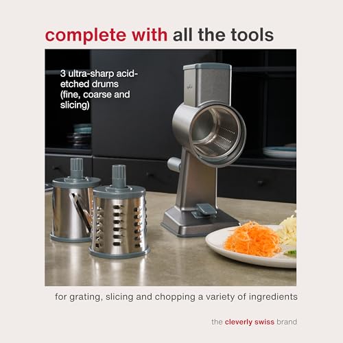 Zyliss Rotary Cheese Grater, Aluminium, 3 Steel Drum Blades, Cheese, Vegetable, Chocolate, Nut, Fruit Grater with Handle, Non-Slip Suction Foot and Table Clamp, 5 Year Guarantee - style: Grater and Drums