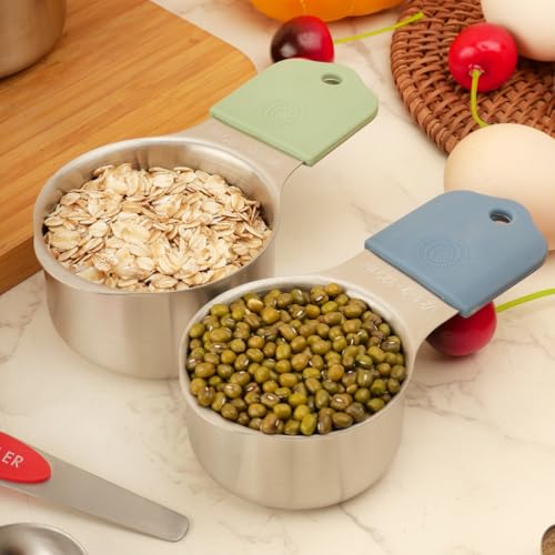 RUNZI 16 Pcs Magnetic Measuring Cups and Spoons Set,Stackable Metal Measure Cup for Measuring Dry and Liquid Ingredients,Kitchen Dry Food, Cooking Baking Measurements,Silvery - color: Silvery-16pcs