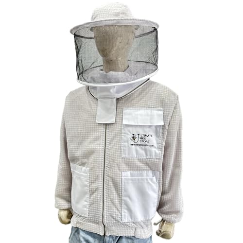 Highly Ventilated Beekeeping Jacket - 3 Layer Premium Protection for Men & Women with Pair of Gloves (White Round Veil, M) - color: White Round Veil, size: Medium