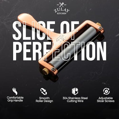 Zulay Adjustable Cheese Slicer - Wire Slicer for Mozzarella, Cheddar, Gouda - Heavy Duty With 2 Extra Wires (Rose Gold) - color: Rose Gold